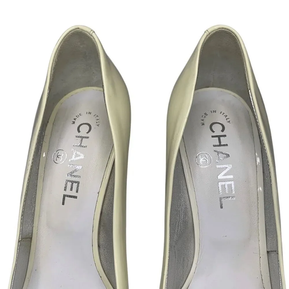 Chanel Interlocking CC Logo Peep Toe Patent Leather Heels EU 37.5 Yellow Pumps